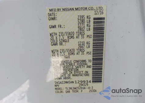 2017 Nissan Murano Platinum z USA, uszkodzony, nr VIN 5N1AZ2MH5HN129934